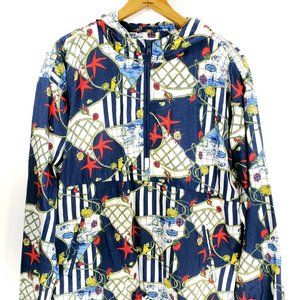 Vtg Duffel Sportswear Pullover Jacket Women's Med Navy Blue Red Nautical Print
